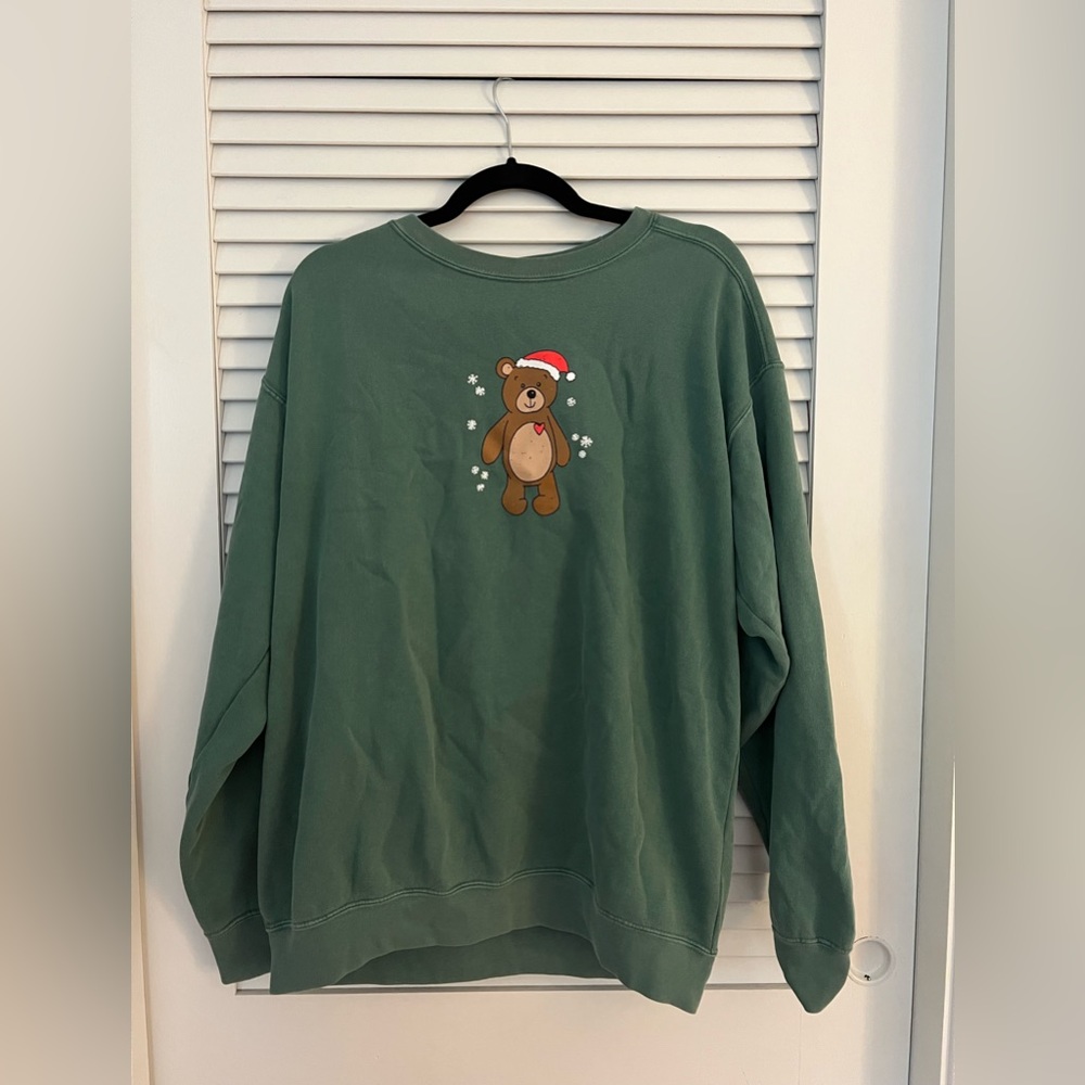 Olive Lynn Designs crewneck, green with christmas teddy bear on front